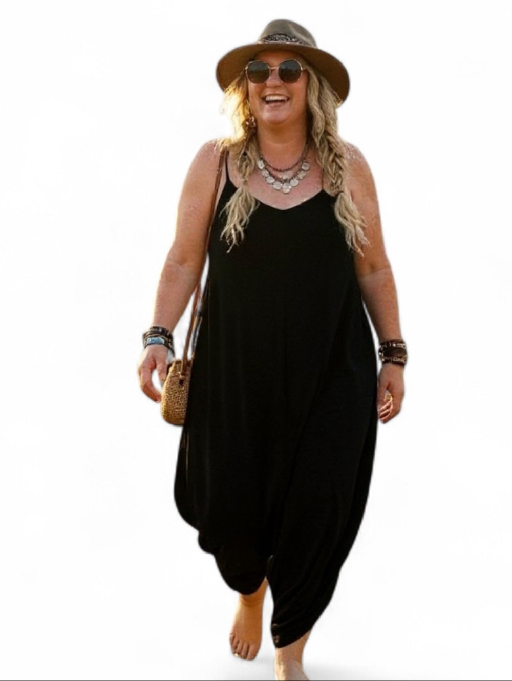 Smash + Tess Boho Lagenlook Black Haren Drop Crotch Jumpsuit Romper SZ L
